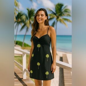 CJ Laing Black Palm Tree Beaded Dress Women’s Size 12 Vacation Resort Wear